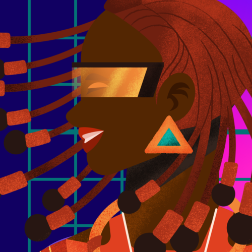 African woman in profile on multicolor abstract background.
